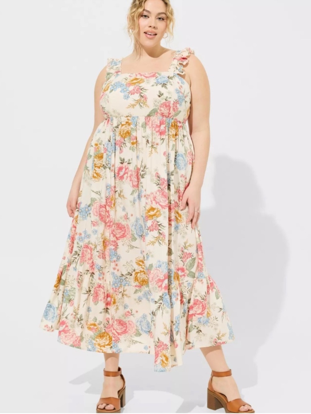 Torrid Floral Ruffle Strap Cream Floral Sleeveless Tiered Hem Maxi Dress
